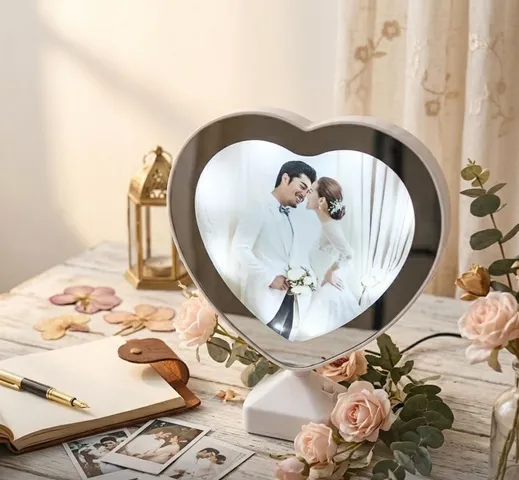 Magic Mirror Heart Shape Photo Frame with LED Light