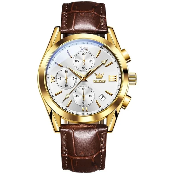 OLEVS 2872 Classic Leather Quartz Watch (Gold-White)